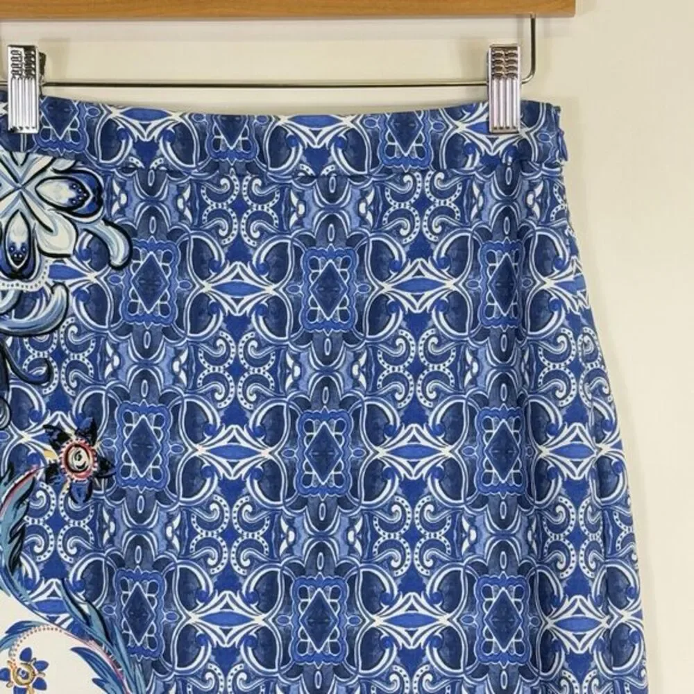 Moulinette Soeurs Pencil‎ Skirt Womens 2 Blue Floral Art Deco Boho Mediterranean
